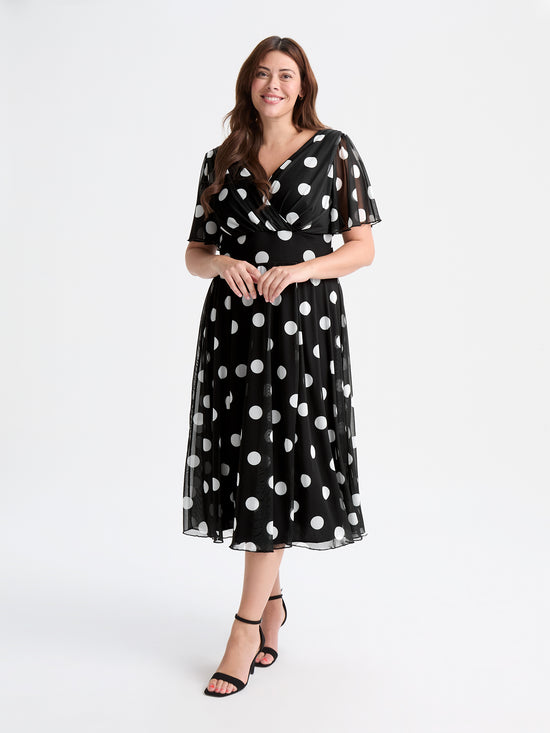 Victoria Black Spot Angel Sleeve Mesh Long Midi Dress