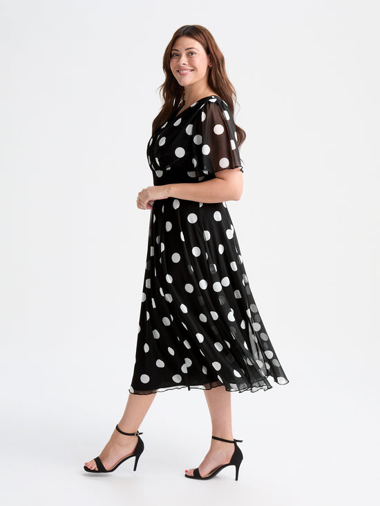 Victoria Black Spot Angel Sleeve Mesh Long Midi Dress