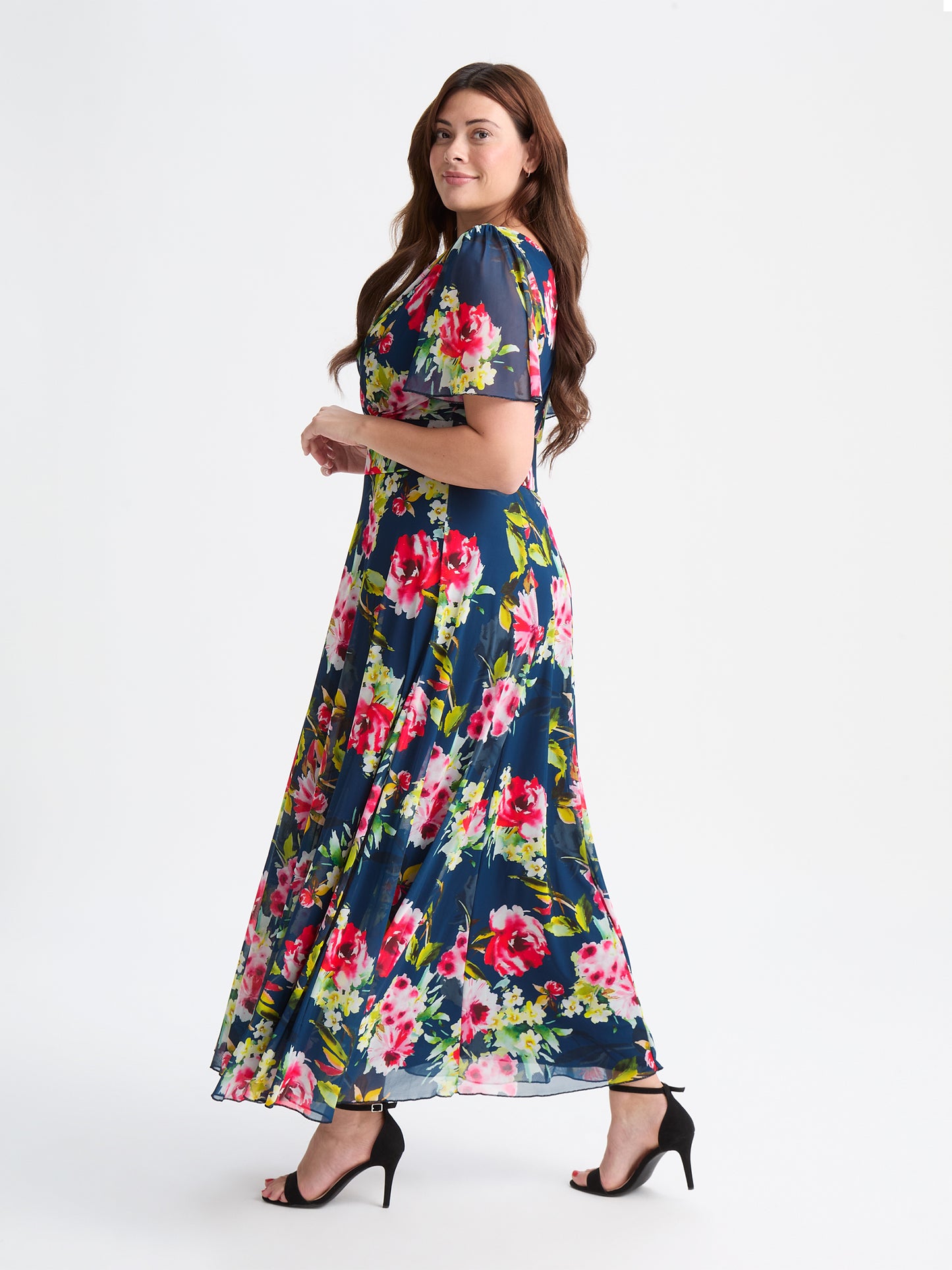 Isabelle Navy Pink Multi Float Sleeve Maxi Dress