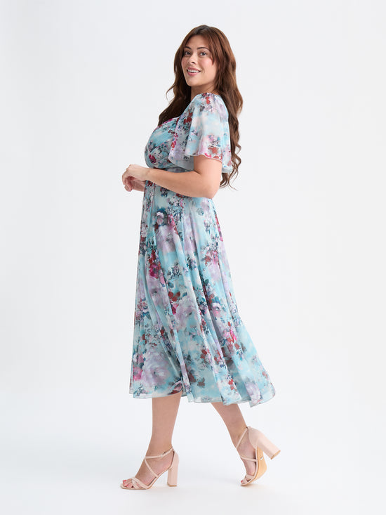 Liz Smoke Blue Print Bolero Wrap Bodice Midi Dress