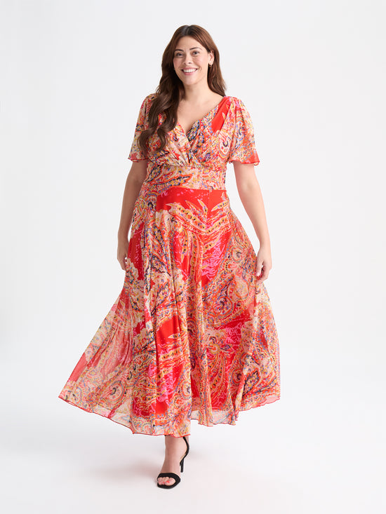 Isabelle Orange Paisley Float Sleeve Maxi Dress