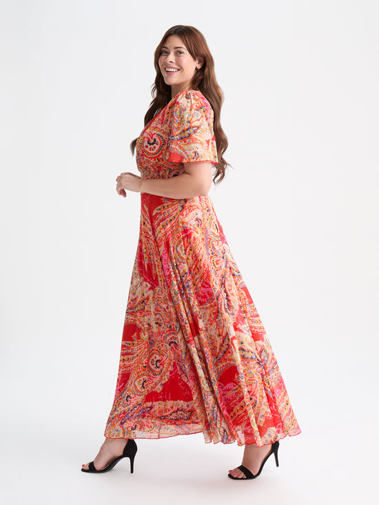 Isabelle Orange Paisley Float Sleeve Maxi Dress