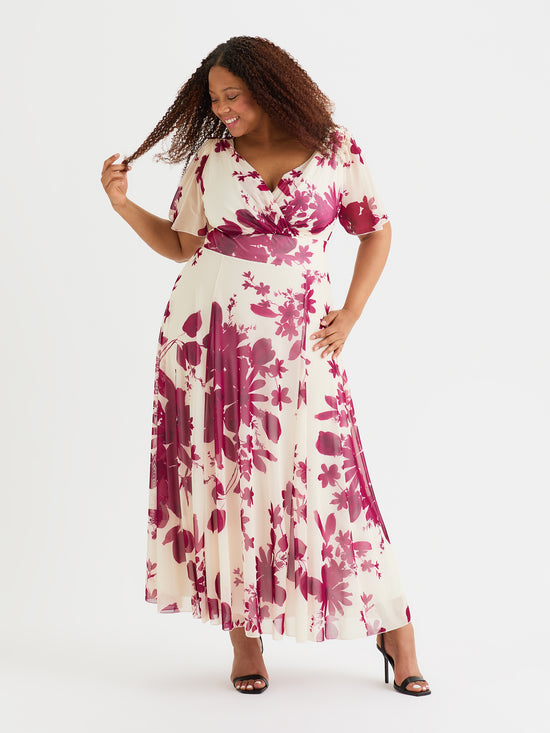 Isabelle Wine Cream Float Sleeve Maxi Dress