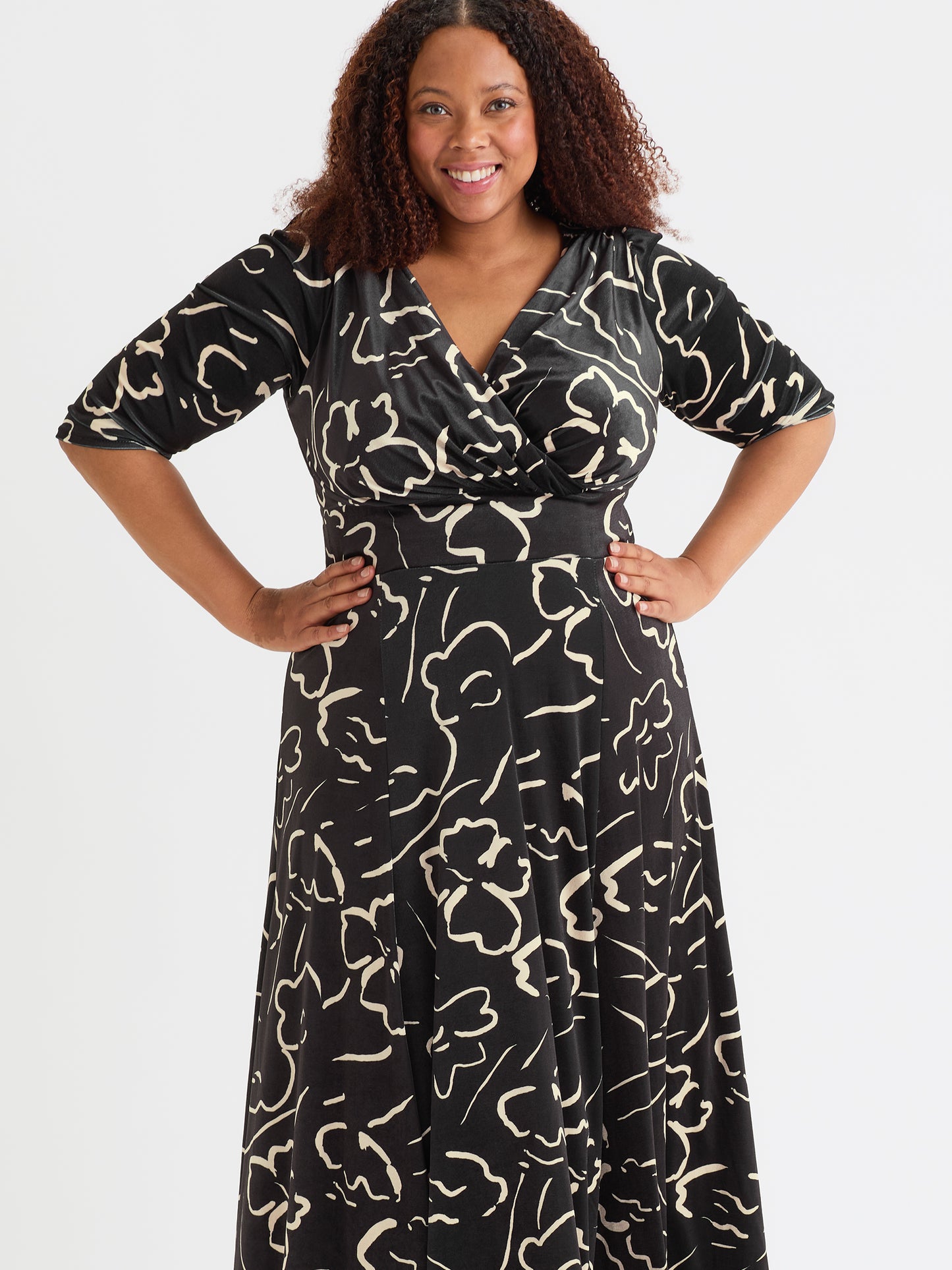 Verity Velvet Black Ivory Print Maxi Gown