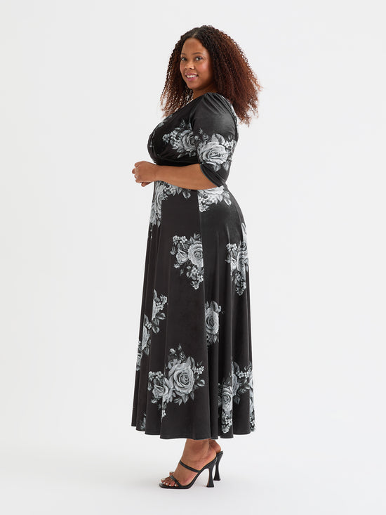 Verity Velvet Black Silver Print Maxi Gown