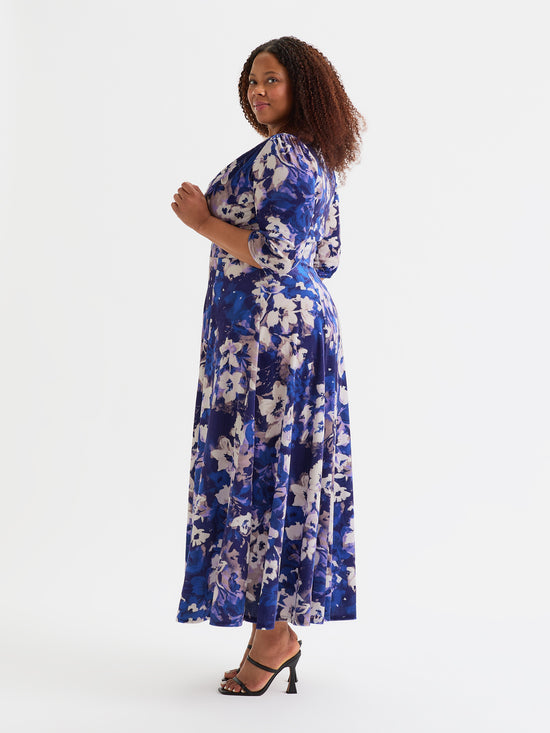 Verity Velvet Cobalt Blue Cream Print Maxi Gown