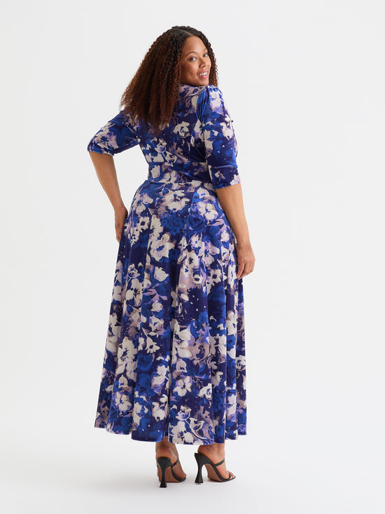 Verity Velvet Cobalt Blue Cream Print Maxi Gown