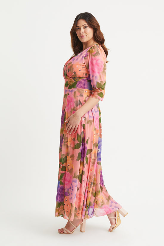 Verity Peach Pastel Multi Print Maxi Gown