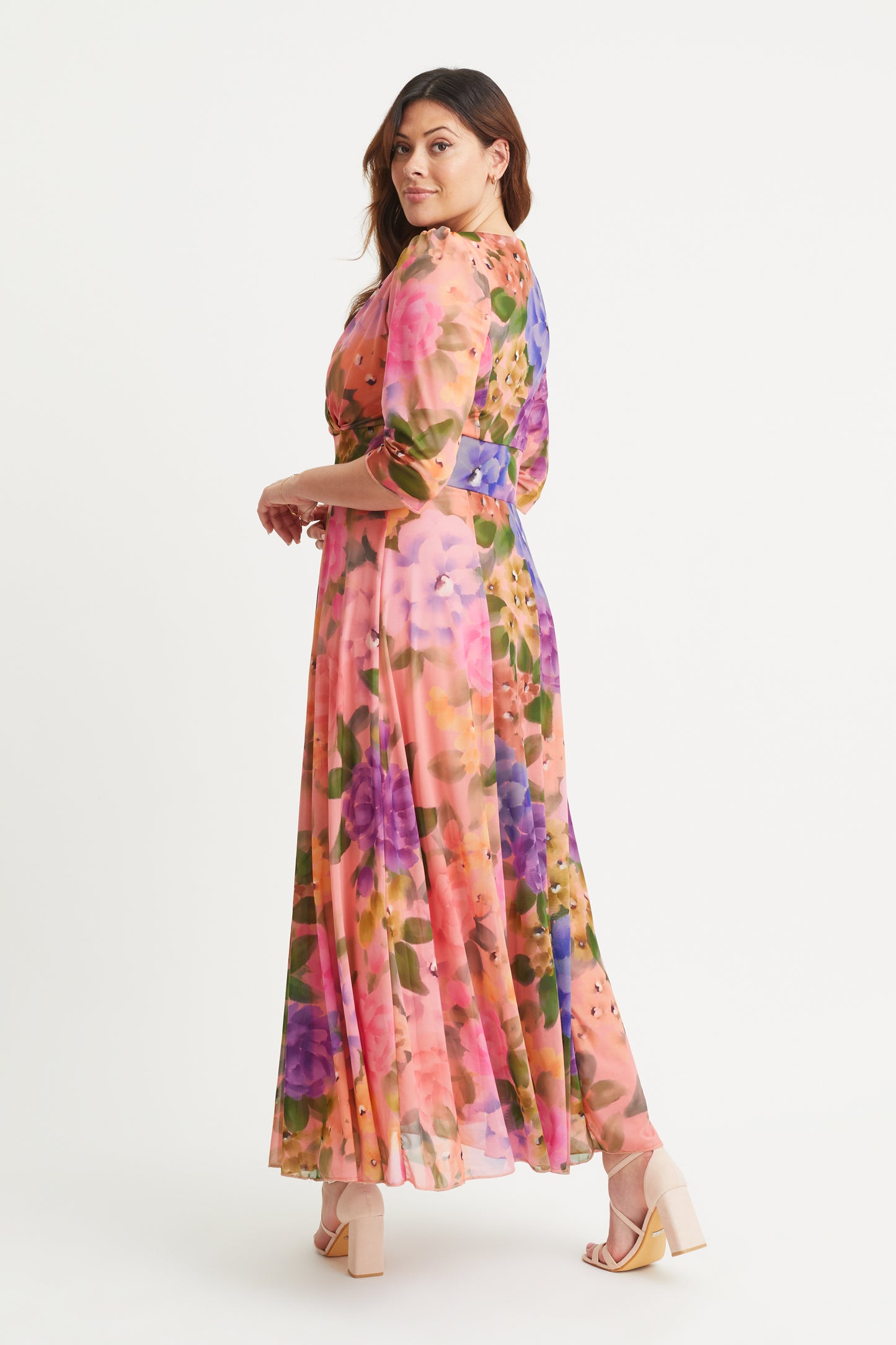 Verity Peach Pastel Multi Print Maxi Gown