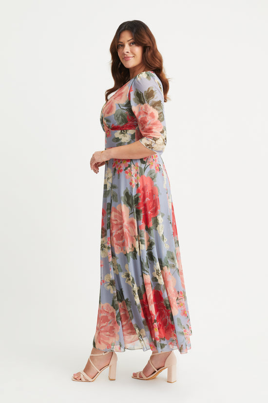 Verity Silver Blue Multi Print Maxi Gown