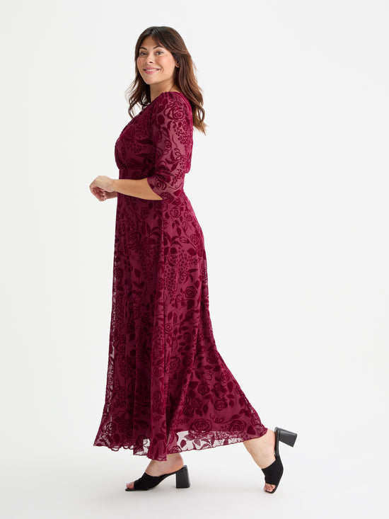 Verity Wine Velvet Flock Maxi Gown