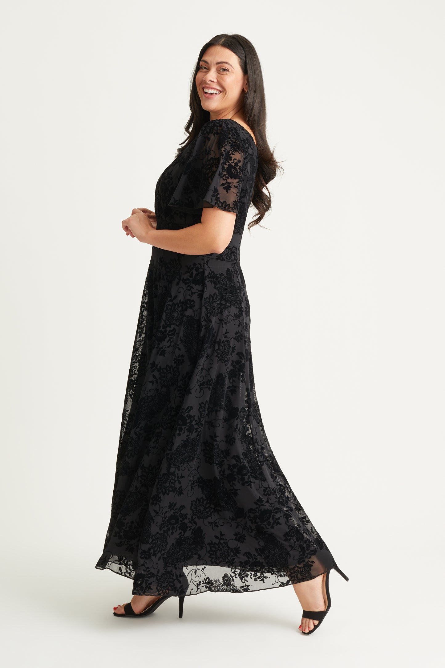 Isabelle Black Chinoise Velvet Flock Angel Sleeve Maxi Dress