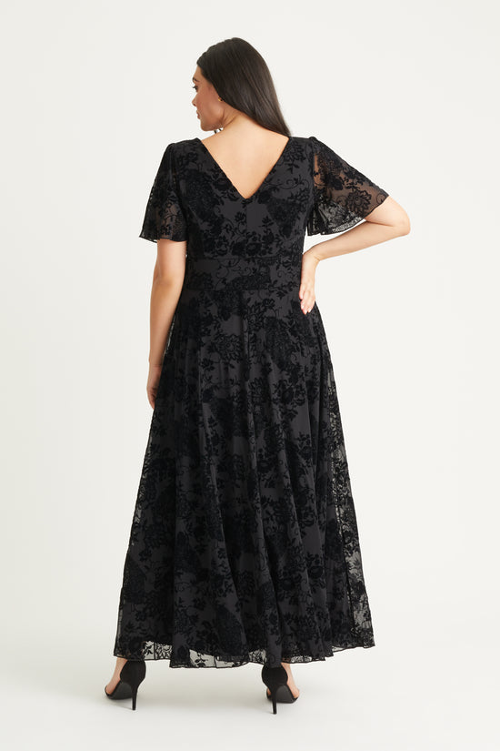 Isabelle Black Chinoise Velvet Flock Angel Sleeve Maxi Dress