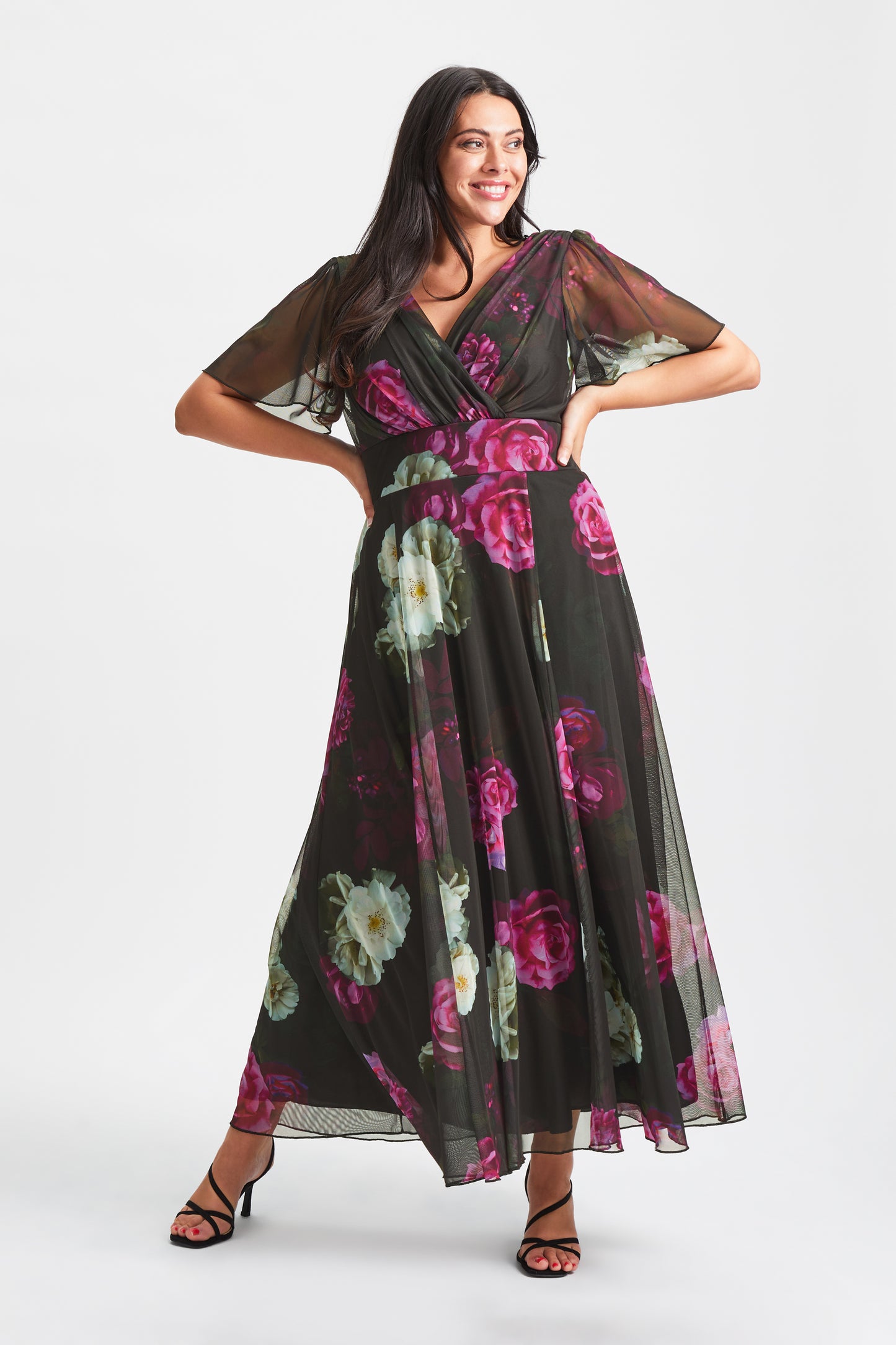 Isabelle Black Fuchsia Float Sleeve Maxi Dress