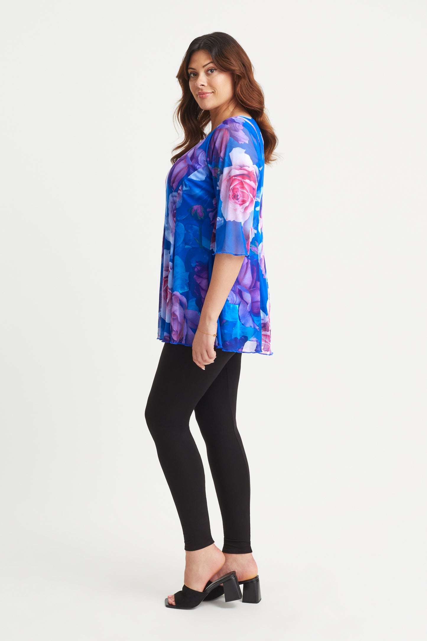 Blue Pink Rose V Neck Tunic