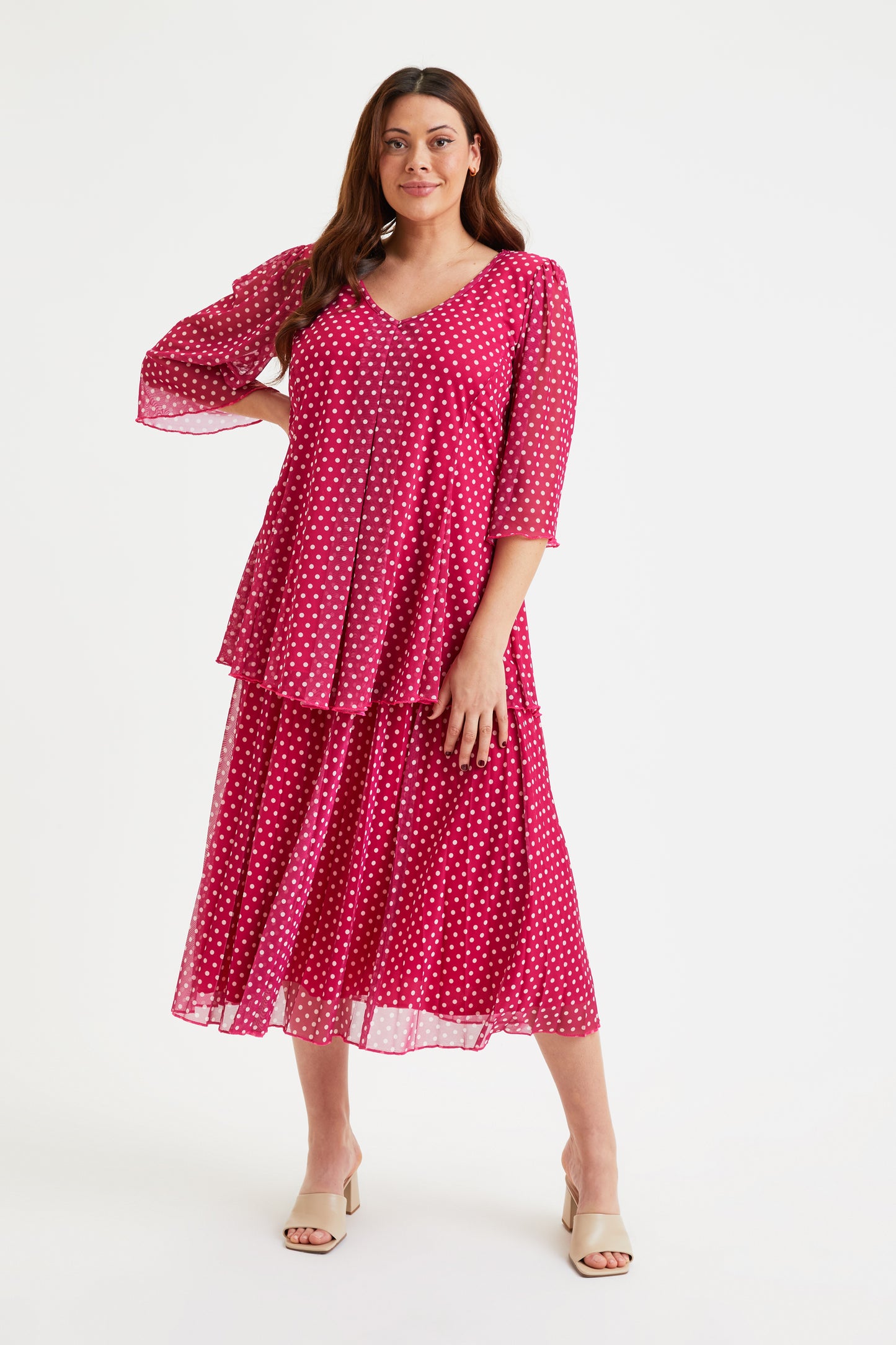 Cerise Spot Pleated V Neck Tunic