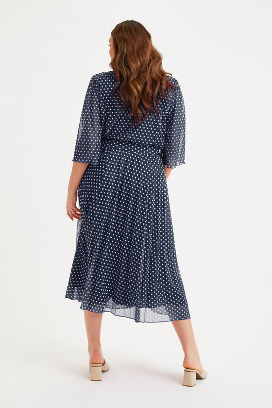 Navy Spot Pleated V Neck Tunic