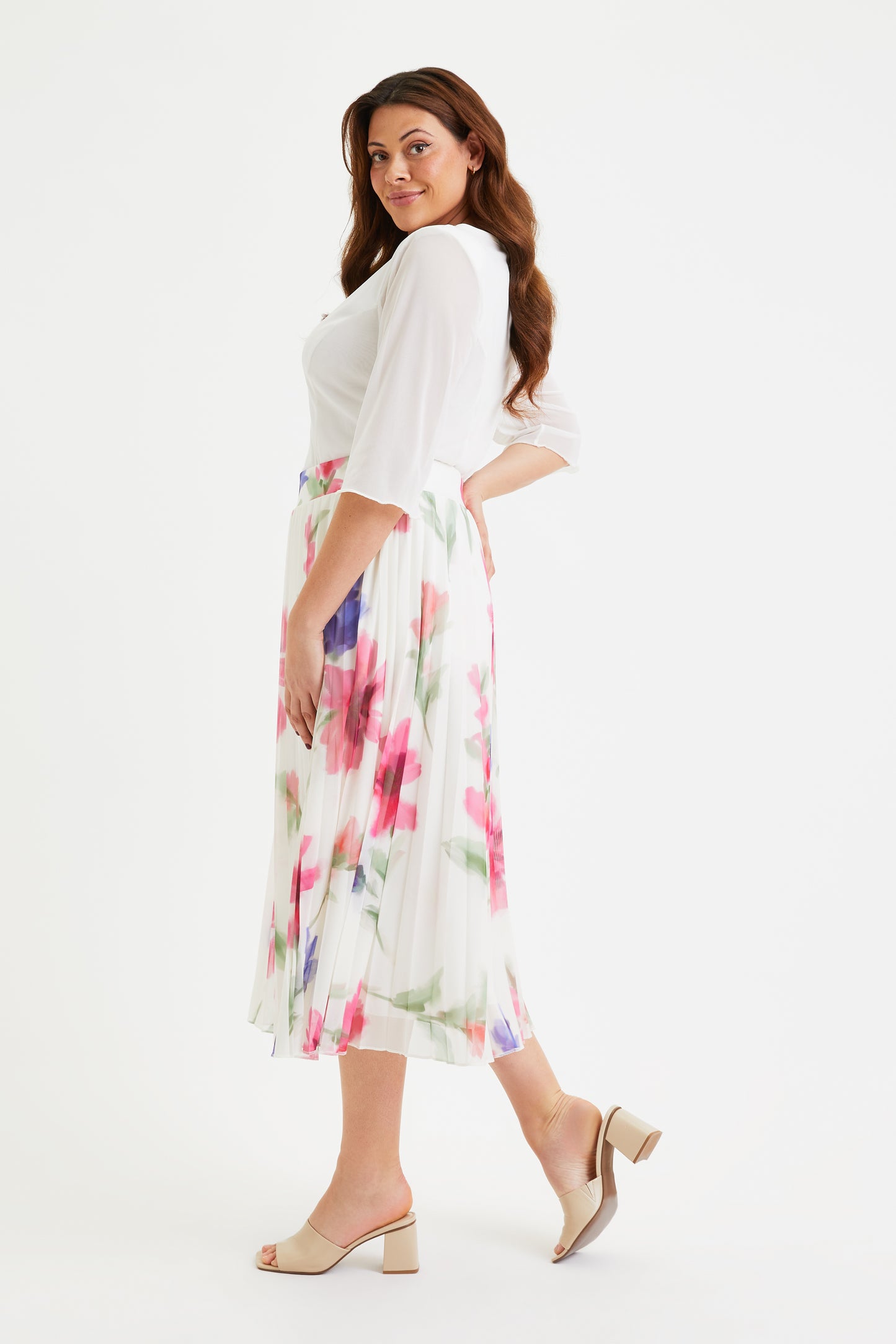 Ivory Floral Pleated Skirt