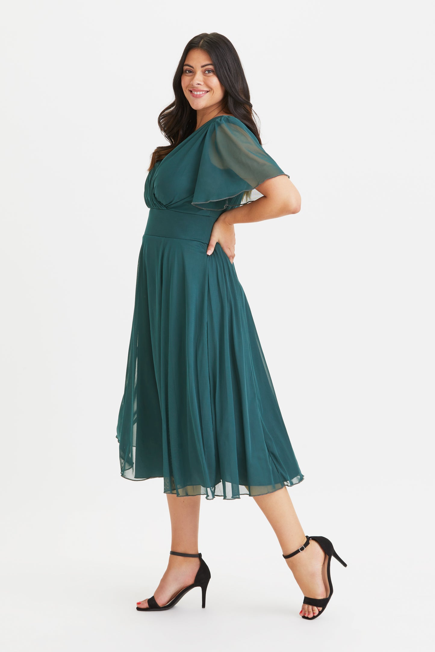 Victoria Solid Bottle Green Angel Sleeve Mesh Midi Dress