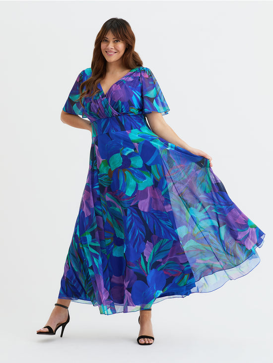 Isabelle Blue Purple Multi Float Sleeve Maxi Dress