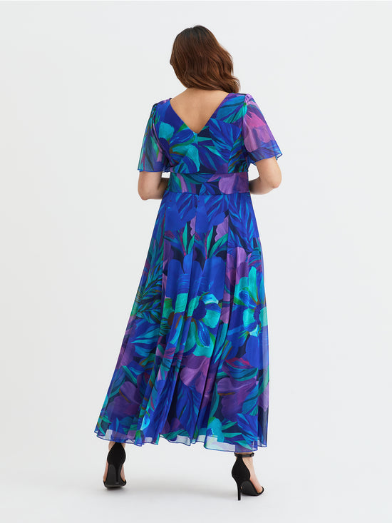 Isabelle Blue Purple Multi Float Sleeve Maxi Dress